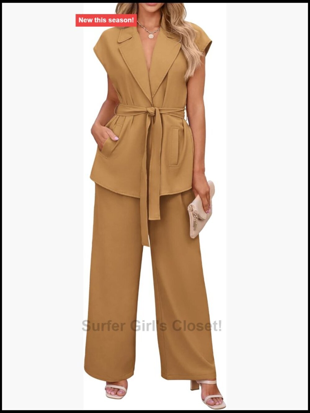 Cap Sleeve V Neck Blazer Vest Wide Leg Pant Sets Office Work 2 Piece Outfits